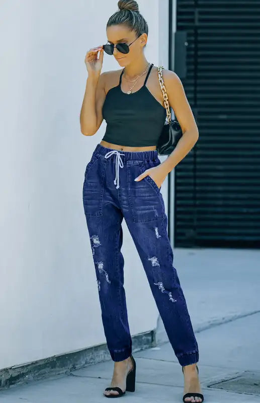 Joggers con bolsillos y cordón desgastado de ajuste relajado Vaqueros rotos 