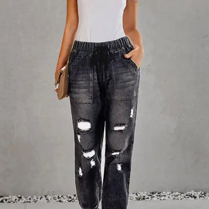 Joggers con bolsillos y cordón desgastado de ajuste relajado Vaqueros rotos 