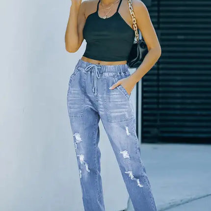 Joggers con bolsillos y cordón desgastado de ajuste relajado Vaqueros rotos 