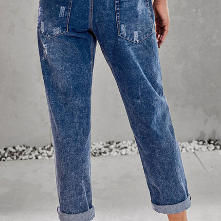 Jogger de mezclilla con bolsillos desgastados y cordón ajustable desgastado 