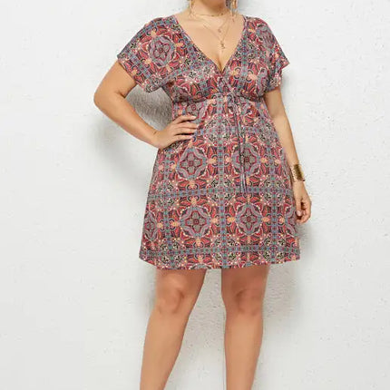 Women's Plus Size Deep V Print Dress