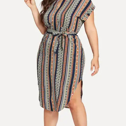 Women's Plus Size Striped V-Neck Short Sleeve Dress