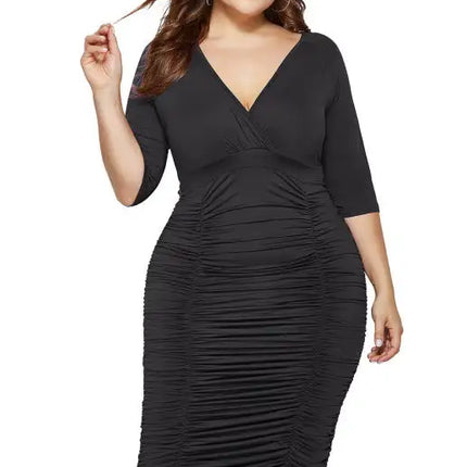 Women's Plus Size Solid Color Gathered Deep V Dress
