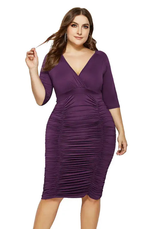Women's Plus Size Solid Color Gathered Deep V Dress