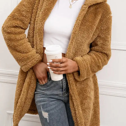 Gabardina con capucha y cárdigan de longitud media de lana de cordero para mujer 