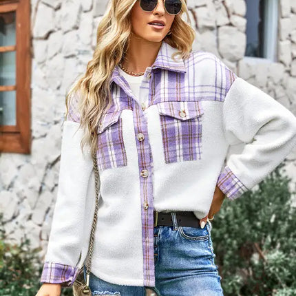 Abrigo estilo camisa a cuadros con temperamento casual para mujer 
