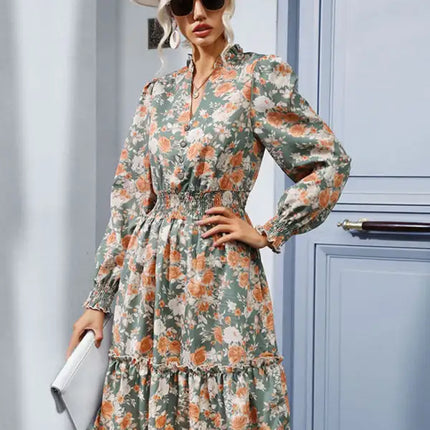 Elegant Ruffle Print Vintage Long Sleeve Dress