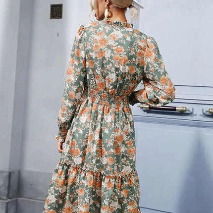 Elegant Ruffle Print Vintage Long Sleeve Dress