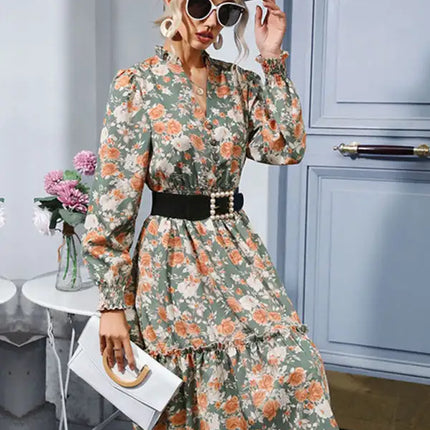 Elegant Ruffle Print Vintage Long Sleeve Dress