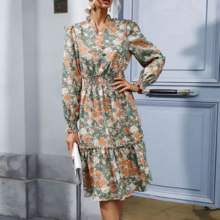 Elegant Ruffle Print Vintage Long Sleeve Dress