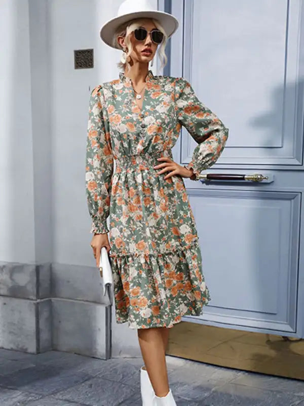 Elegant Ruffle Print Vintage Long Sleeve Dress