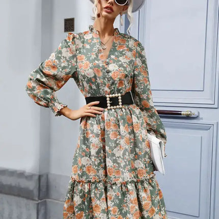 Elegant Ruffle Print Vintage Long Sleeve Dress