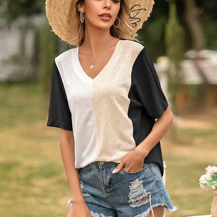 Camiseta holgada de manga corta con contraste y cuello en V para mujer 