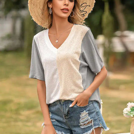 Camiseta holgada de manga corta con contraste y cuello en V para mujer 