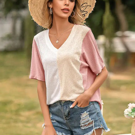 Camiseta holgada de manga corta con contraste y cuello en V para mujer 