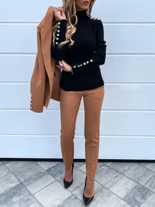 Top camisero de cuello alto liso con botones para mujer 