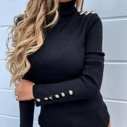 Top camisero de cuello alto liso con botones para mujer 