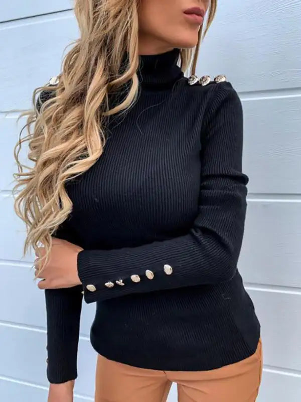 Top camisero de cuello alto liso con botones para mujer 