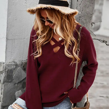 Top sexy cruzado con cuello en V y manga larga para mujer 