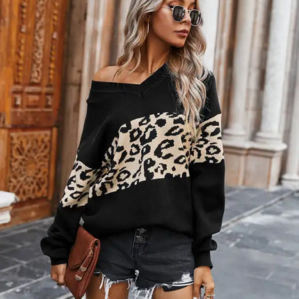 Suéter de leopardo con cuello en V y bloques de color para mujer 