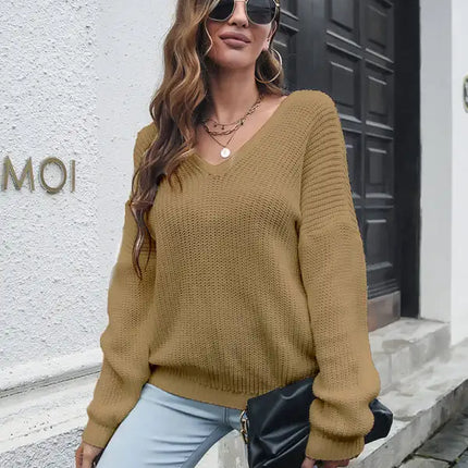 Suéter de manga larga con cuello en V y hombros sueltos para mujer 
