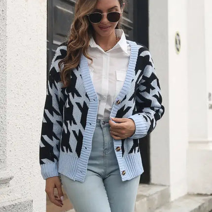 Women's thousand bird check breasted loose knit cardigan sweater - Vickie Lynn's