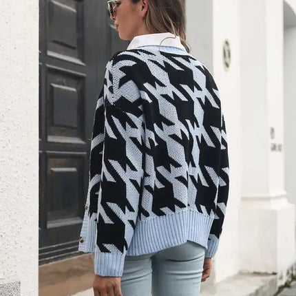 Women's thousand bird check breasted loose knit cardigan sweater - Vickie Lynn's