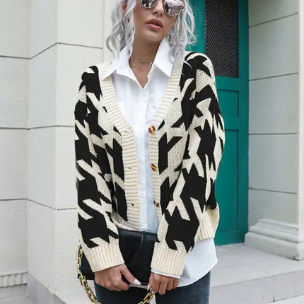 Women's thousand bird check breasted loose knit cardigan sweater - Vickie Lynn's