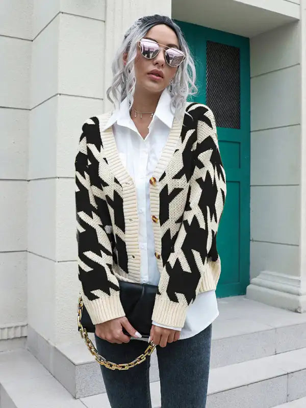 Women's thousand bird check breasted loose knit cardigan sweater - Vickie Lynn's