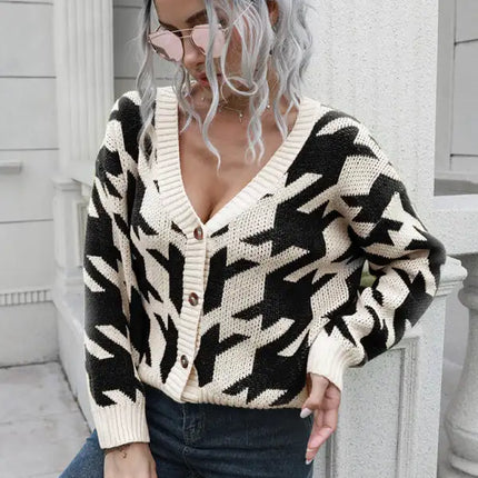 Women's thousand bird check breasted loose knit cardigan sweater - Vickie Lynn's