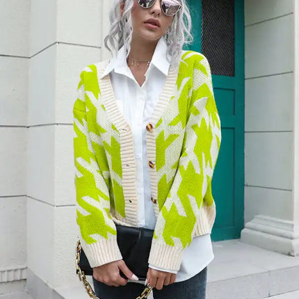 Women's thousand bird check breasted loose knit cardigan sweater - Vickie Lynn's