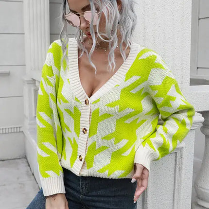 Women's thousand bird check breasted loose knit cardigan sweater - Vickie Lynn's