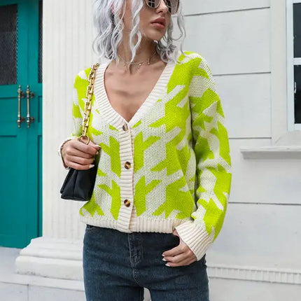 Women's thousand bird check breasted loose knit cardigan sweater - Vickie Lynn's