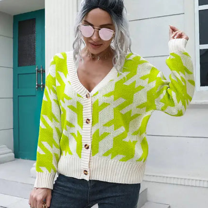 Women's thousand bird check breasted loose knit cardigan sweater - Vickie Lynn's