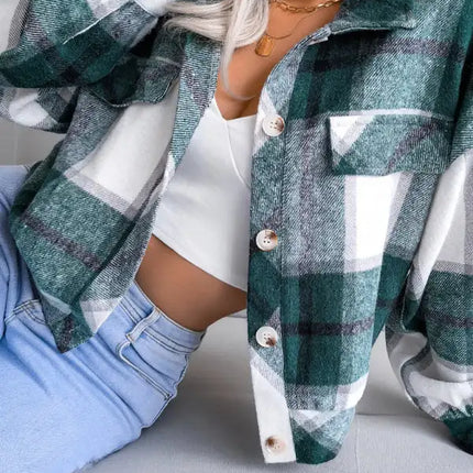 Abrigo de lana de manga larga con farol a cuadros para mujer 