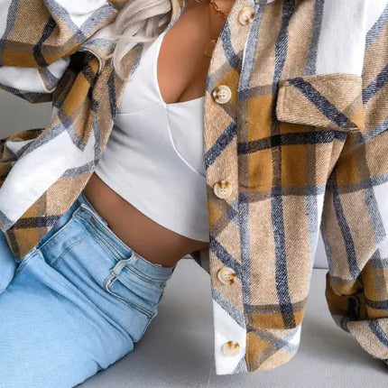 Abrigo de lana de manga larga con farol a cuadros para mujer 