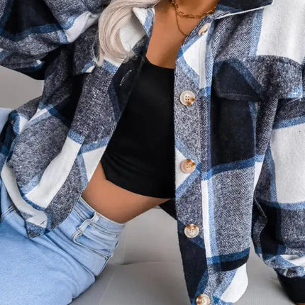 Abrigo de lana de manga larga con farol a cuadros para mujer 