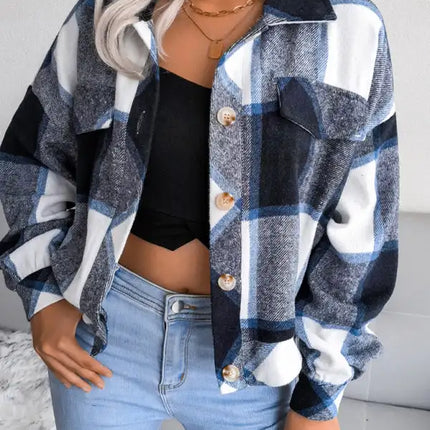 Abrigo de lana de manga larga con farol a cuadros para mujer 