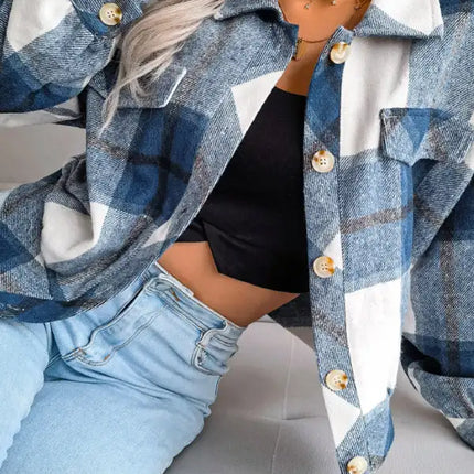 Abrigo de lana de manga larga con farol a cuadros para mujer 