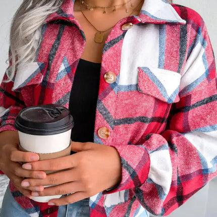 Abrigo de lana de manga larga con farol a cuadros para mujer 