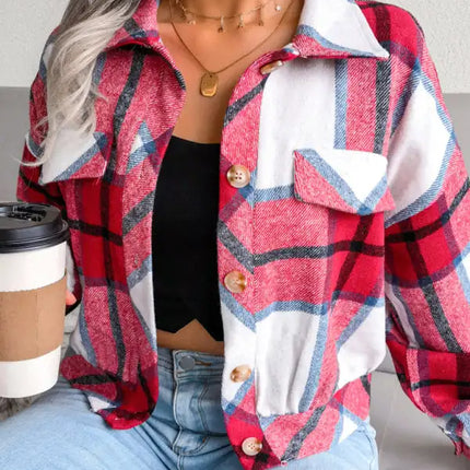 Abrigo de lana de manga larga con farol a cuadros para mujer 