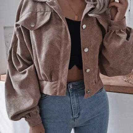 Abrigo corto casual de pana de manga larga tipo farol para mujer 