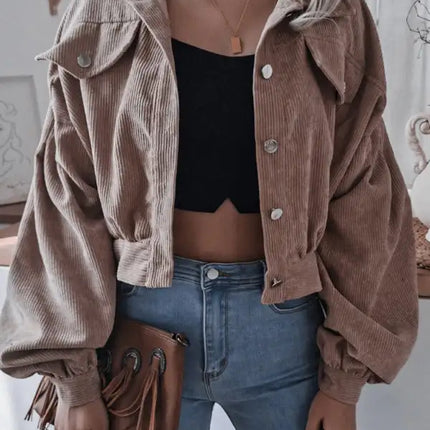 Abrigo corto casual de pana de manga larga tipo farol para mujer 