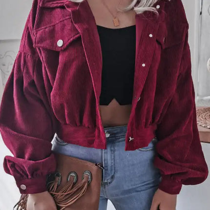 Abrigo corto casual de pana de manga larga tipo farol para mujer 