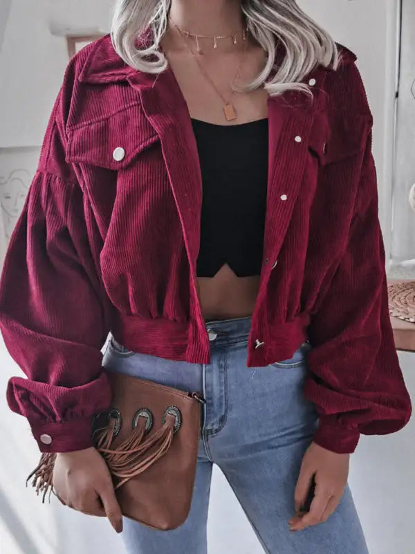 Abrigo corto casual de pana de manga larga tipo farol para mujer 