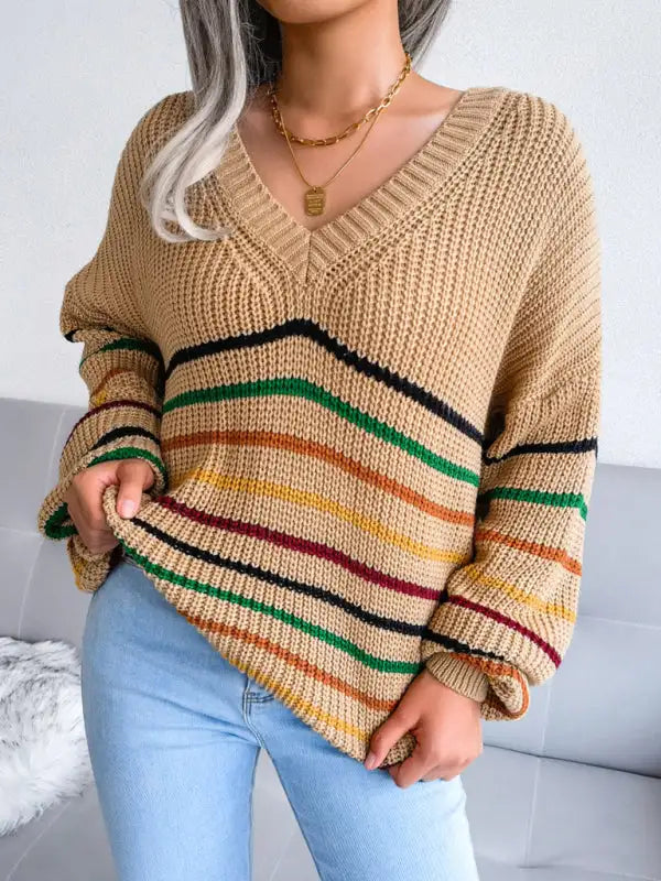Suéter suelto casual Rainbow Stripe para mujer 