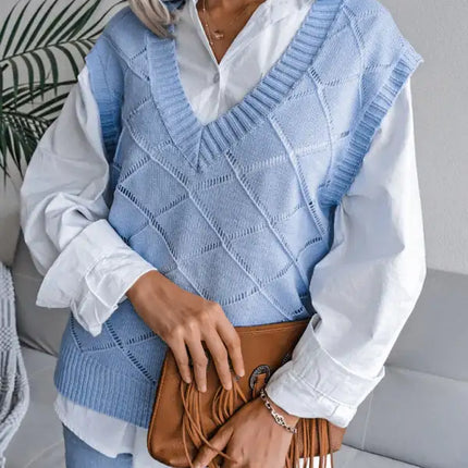 Suéter de chaleco de punto casual con cuello en V y diamantes huecos para mujer 