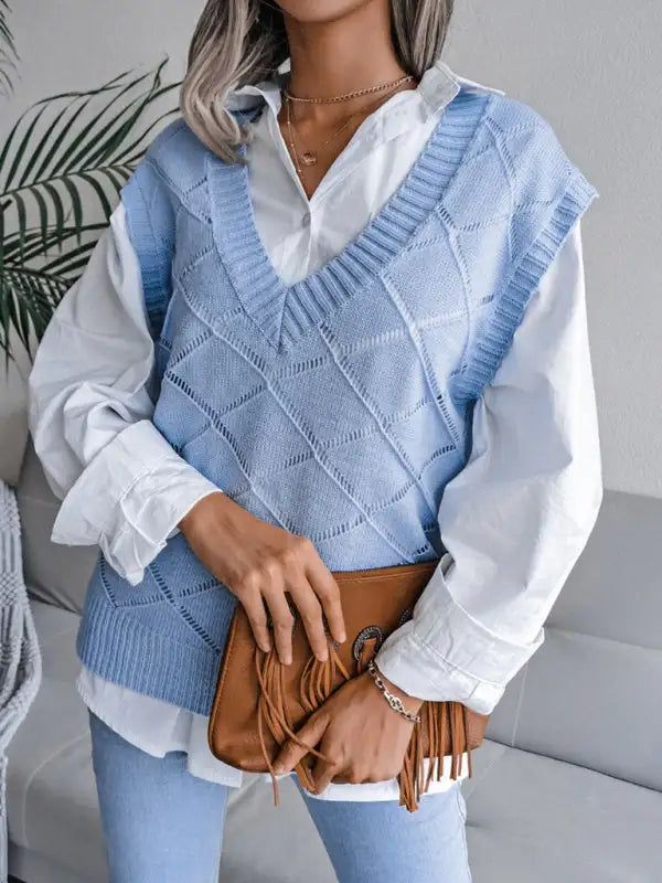 Suéter de chaleco de punto casual con cuello en V y diamantes huecos para mujer 