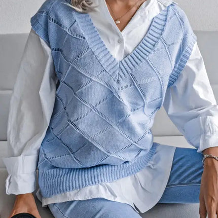 Suéter de chaleco de punto casual con cuello en V y diamantes huecos para mujer 