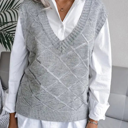 Suéter de chaleco de punto casual con cuello en V y diamantes huecos para mujer 